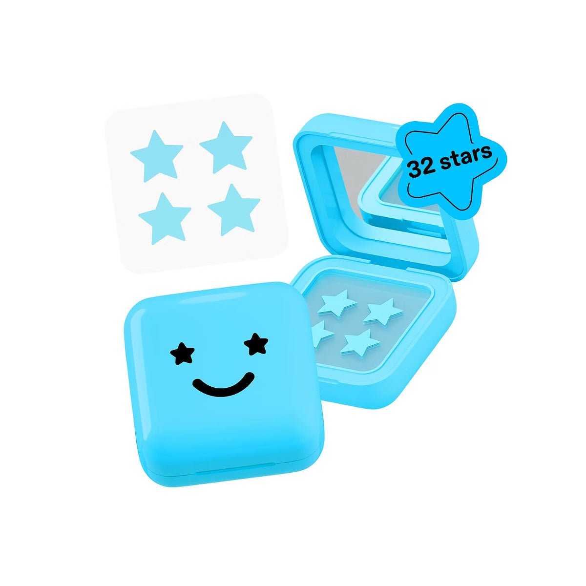 Starface Hydro-Star® Big Blue Compact + Parche de estrella hidrocoloide, 32 | Probado por dermatólogos, compacto con espejo recargable