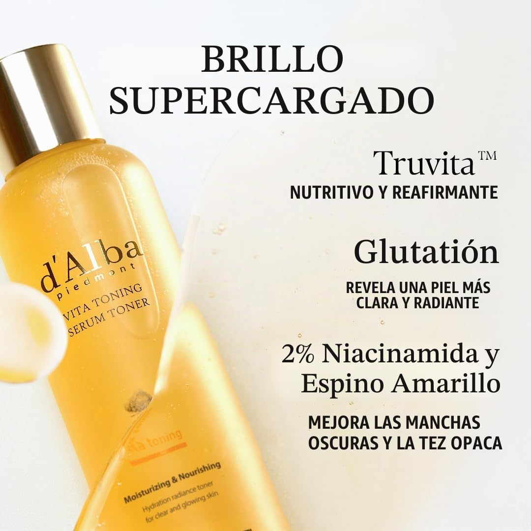 d'Alba Piedmont Vita Suero Tónico Tonificante, Piel de Cristal con Cuidado de la Piel de Doble Vitamina, Hidratante Facial
