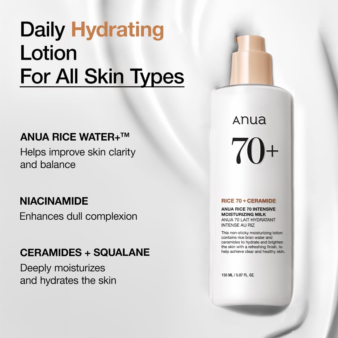 ANUA Rice 70 Leche Hidratante Intensiva, Loción para Hidratación Profunda y Nutrición, Piel de Vidrio Luminosa,