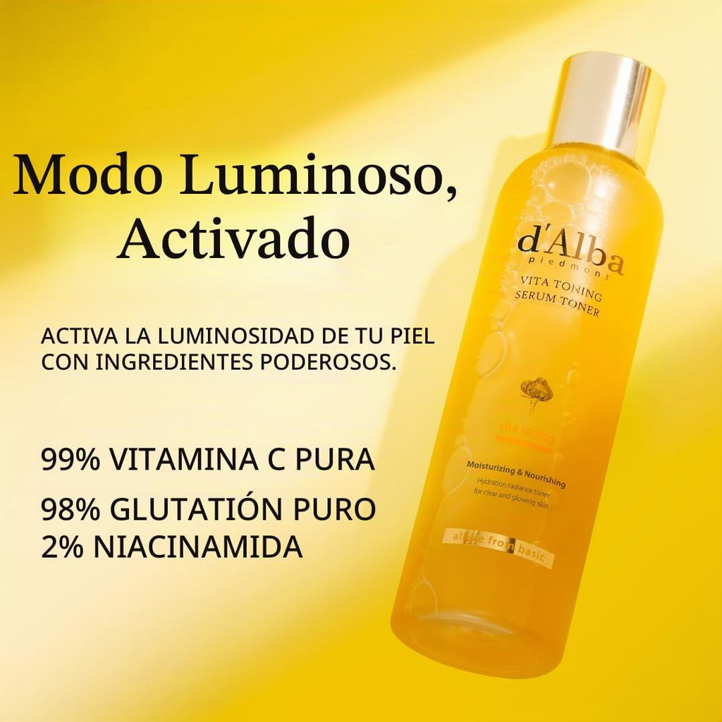 d'Alba Piedmont Vita Suero Tónico Tonificante, Piel de Cristal con Cuidado de la Piel de Doble Vitamina, Hidratante Facial