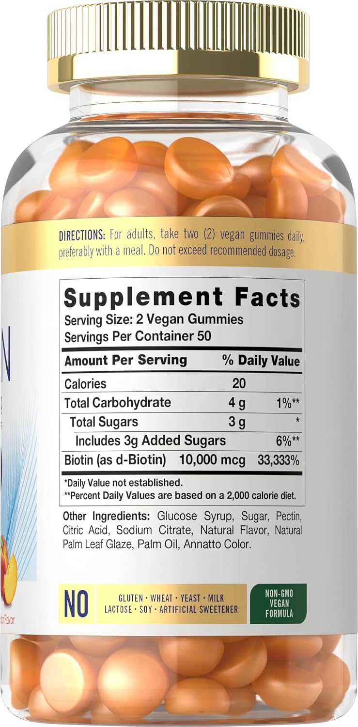 Carlyle Biotina 10000mcg Gummies | 100 unidades | Suplemento sabor melocotón | Vegano, sin OMG, sin gluten