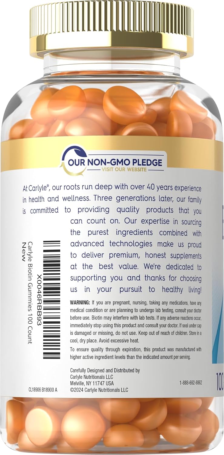 Carlyle Biotina 10000mcg Gummies | 100 unidades | Suplemento sabor melocotón | Vegano, sin OMG, sin gluten