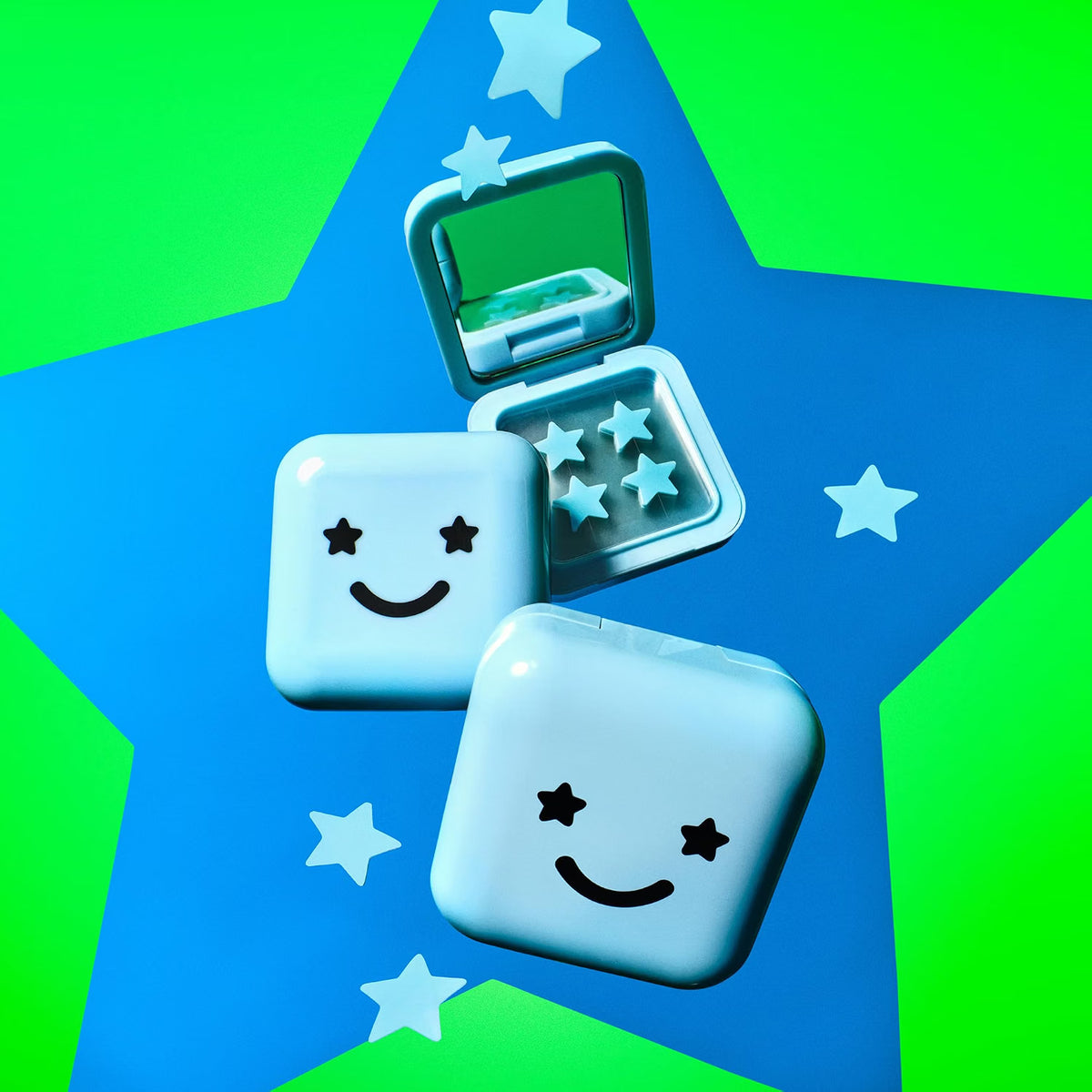 Starface Hydro-Star® Big Blue Compact + Parche de estrella hidrocoloide, 32 | Probado por dermatólogos, compacto con espejo recargable