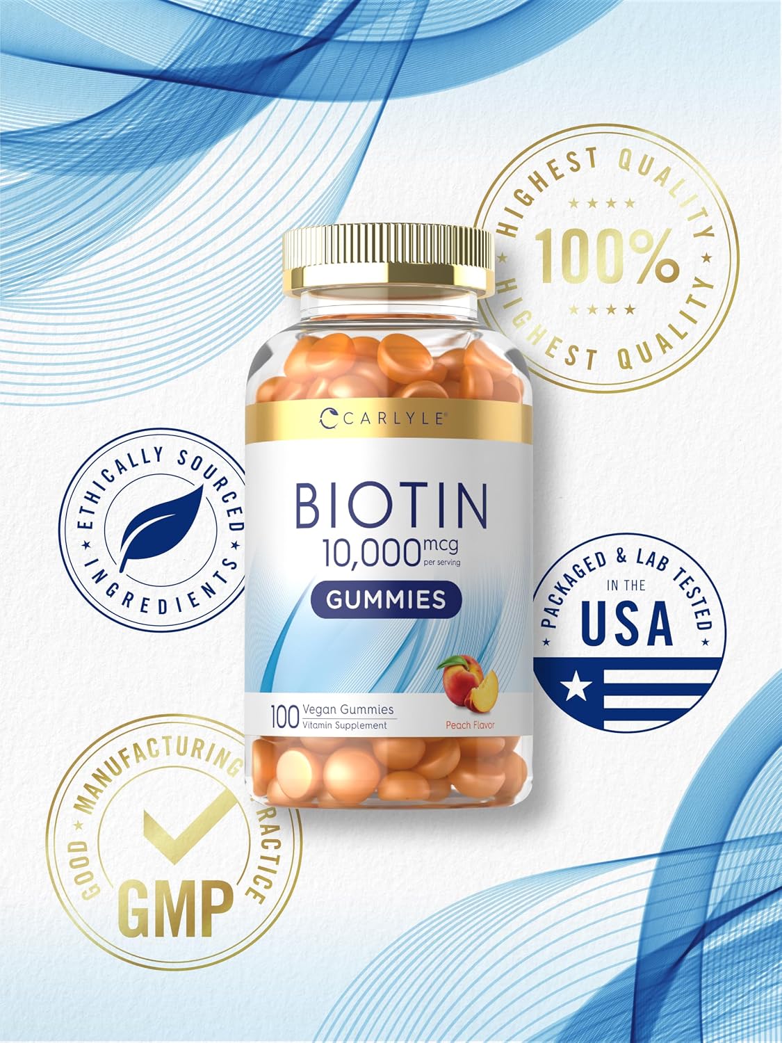 Carlyle Biotina 10000mcg Gummies | 100 unidades | Suplemento sabor melocotón | Vegano, sin OMG, sin gluten