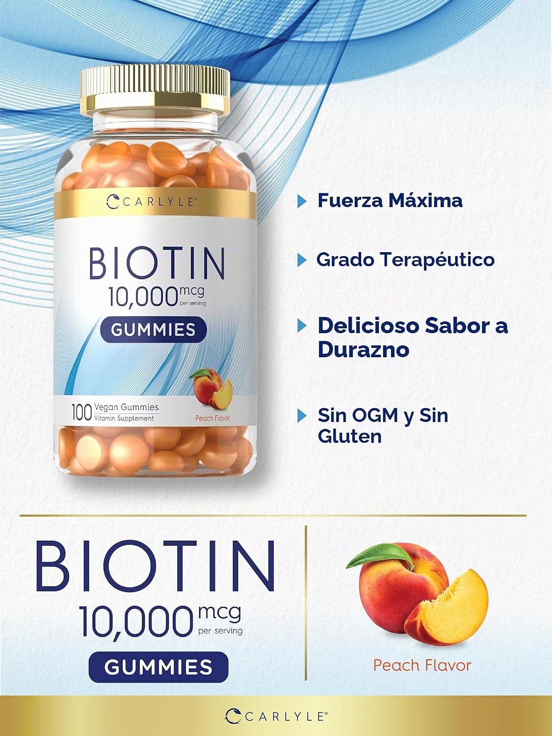 Carlyle Biotina 10000mcg Gummies | 100 unidades | Suplemento sabor melocotón | Vegano, sin OMG, sin gluten
