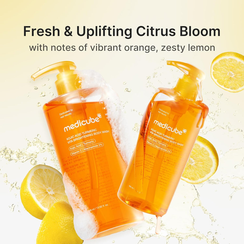 medicube Jabón corporal iluminador de ácido kójico y cúrcuma | Gel de ducha suave para piel irregular | Niacinamida, vitamina C,