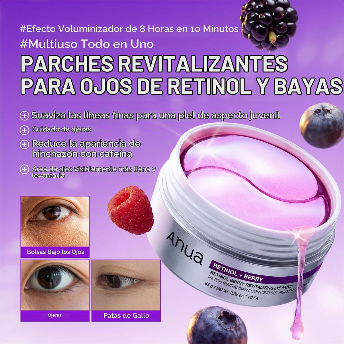ANUA Retinol Berry Eye Patches, 60 unidades | Máscara de hidrogel para ojos hinchados, ojeras y líneas finas, niacinamida de cafeína, cuidado de la piel coreano