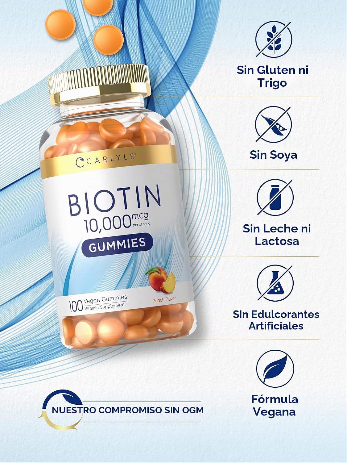 Carlyle Biotina 10000mcg Gummies | 100 unidades | Suplemento sabor melocotón | Vegano, sin OMG, sin gluten