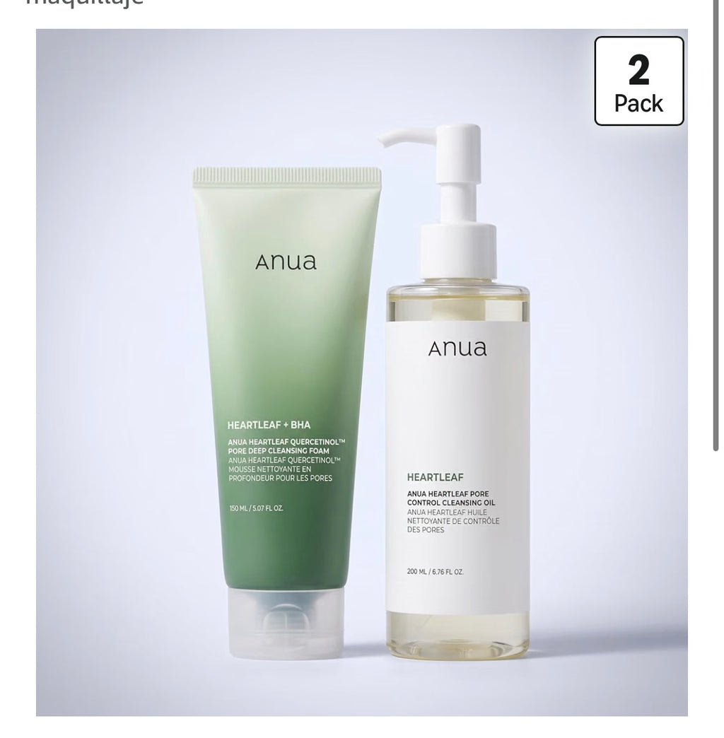 ANUA Dúo de limpieza doble para limpieza facialHeartleaf - Aceite limpiador de control de poros y espuma de limpieza profunda de quercetinol, para quitar y lavar maquillaje