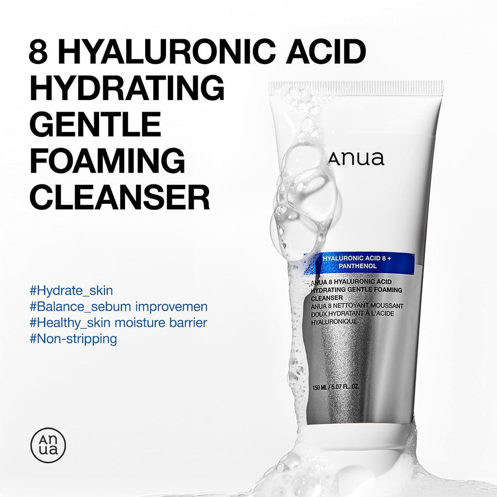Anua - Limpiador facial hidratante de espuma suave, ácido hialurónico, glicerina, zinc, pantenol, lavado facial corean