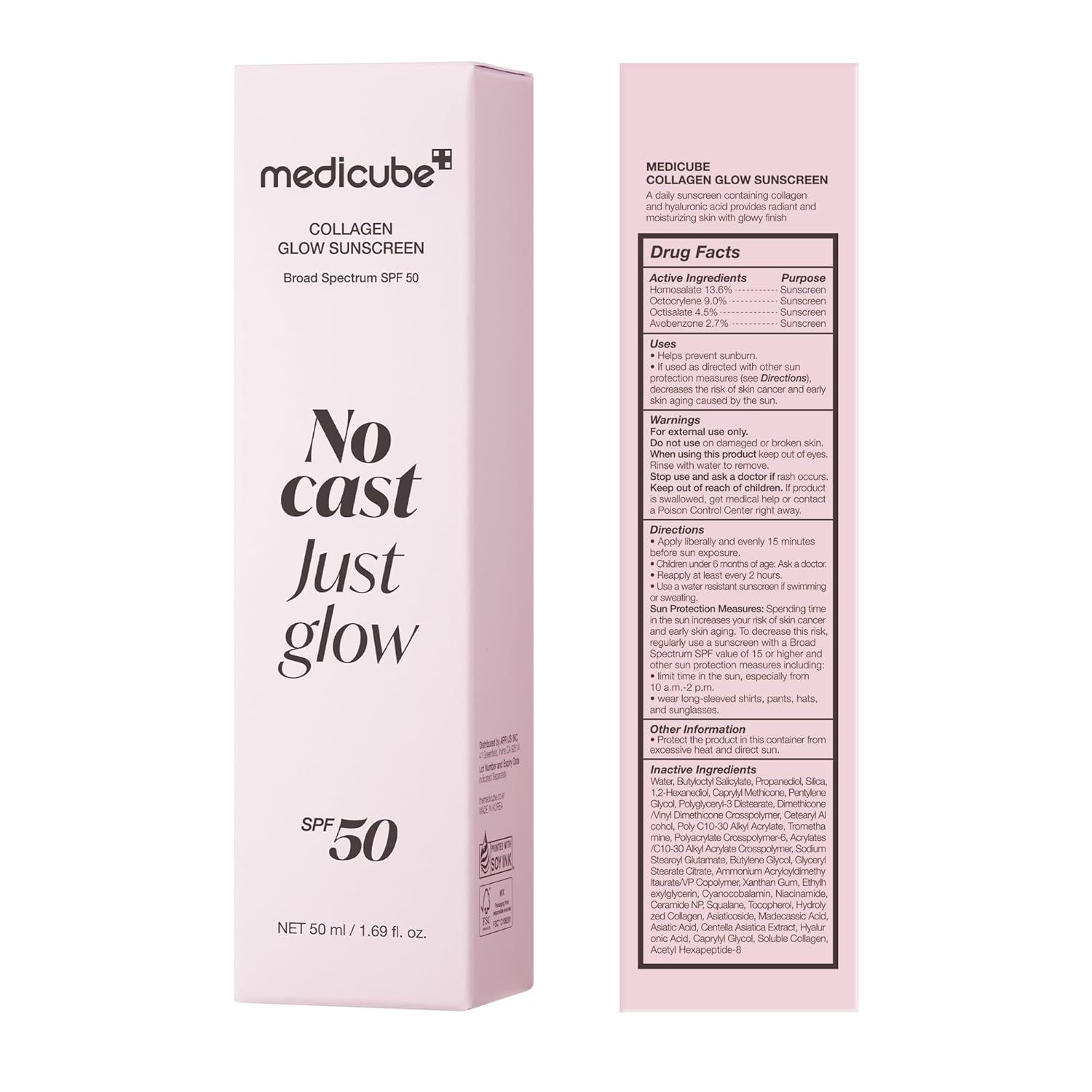 Medicube No Cast Just Glow - Protector Solar de Colágeno | Protector Solar Facial de Amplio Espectro SPF 5